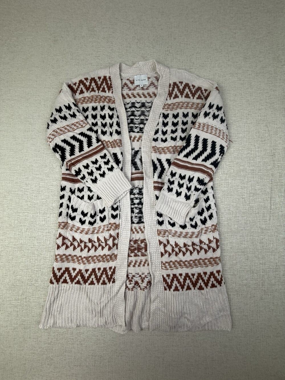 Pink Rose Women’s M Long Cardigan Sweater Fair Isle Aztec Open Front Cream